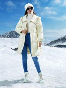 SHEIN LUNE Abrigo con cremallera con botón de cintura con cordón con capucha - Blanco - Ver 4