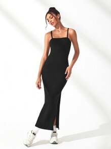 Lifespree Solid Split Thigh Active Cami Dress - Black - View 1