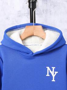 SHEIN 秋冬季 Tween 男童保暖内衬连帽衫，配有字母印花贴袋和运动裤 - 寶藍色 - 查看 6