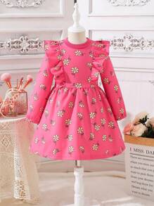SHEIN Young Girl Allover Floral Print Ruffle Trim Dress - Hot Pink - View 1