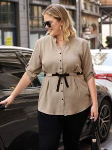 RueChic Plus Roll Tab Sleeve Drawstring Waist Blouse - Beige - View 3