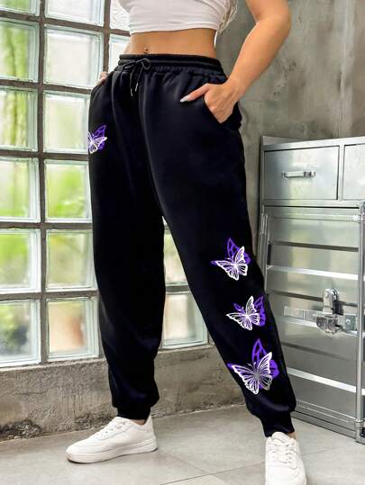 INAWLY Plus Butterfly Print Drawstring Waist Sweatpants Graduation,Back To School Outfits,Graduation,Teacher Outfits For Women,Back To School Fall Cloth For Women