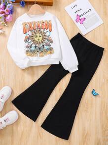 SHEIN Leap Crew Tween Girl Fashionable Urban Style Round Neck Pullover With Long Sleeves And Flared Knitted Pants - Black and White - View 1