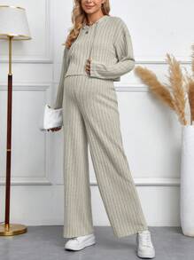 SHEIN Maternity Drop Shoulder Drawstring Hoodie & Adjustable Waist Wide Leg Pants - Apricot - View 3