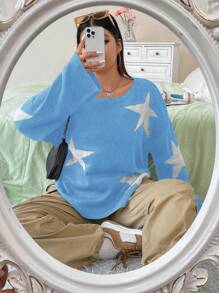 Flirla 大碼星星圖案落肩袖套頭毛衣 - 藍白色 - 查看 6