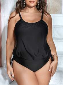 SHEIN Swim Curve Conjunto de tankini con Bottom con cordón en los laterales y parte superior tipo escote hundido, para verano y vacaciones en la playa - Negro - Ver 1