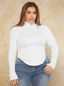Shein Sxy 大尺碼女式修身高領弧形底 T 卹新年保暖上衣聖誕服裝 - 白色 - 查看 1