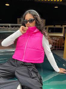 SHEIN EZwear 拉链连帽背心夹棉外套 - 玫紅色 - 查看 7