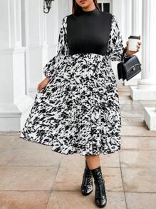 Calvaya Plus Graphic Print Mock Neck Lantern Sleeve Pleated Dress - Black - View 6