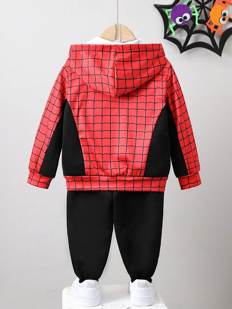 Young Boy Plaid Print Zip Up Hooded Jacket & Sweatpants Without Tee