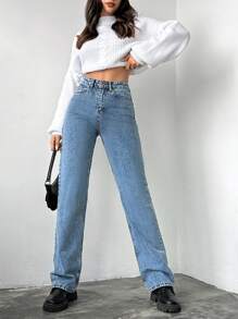 EURMUSE Jeans de pierna recta con cremallera - Neblina azul - Ver 3