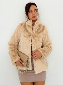 SHEIN Privé Solid Open Front Fuzzy Coat - Camel - View 5