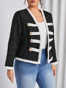 SHEIN Privé Plus Contrast Trim Button Detail Jacket - Black - View 4