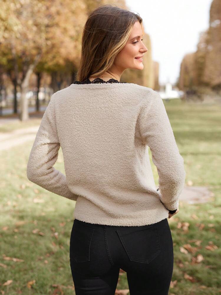 Contrast Lace Trim Button Detail Sweater Winter Casual