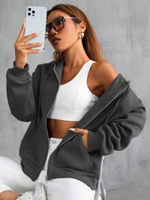 SHEIN Unity 拉鏈開襟落肩袖抽繩加絨內裏連帽衫 - 深灰色 - 查看 6