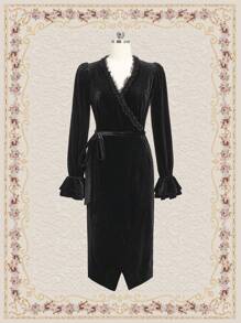 Vintamour Lá sen tỉa tay áo lá sen Bao bên Thắt lưng Nhung Đầm - màu đen - Xem 6