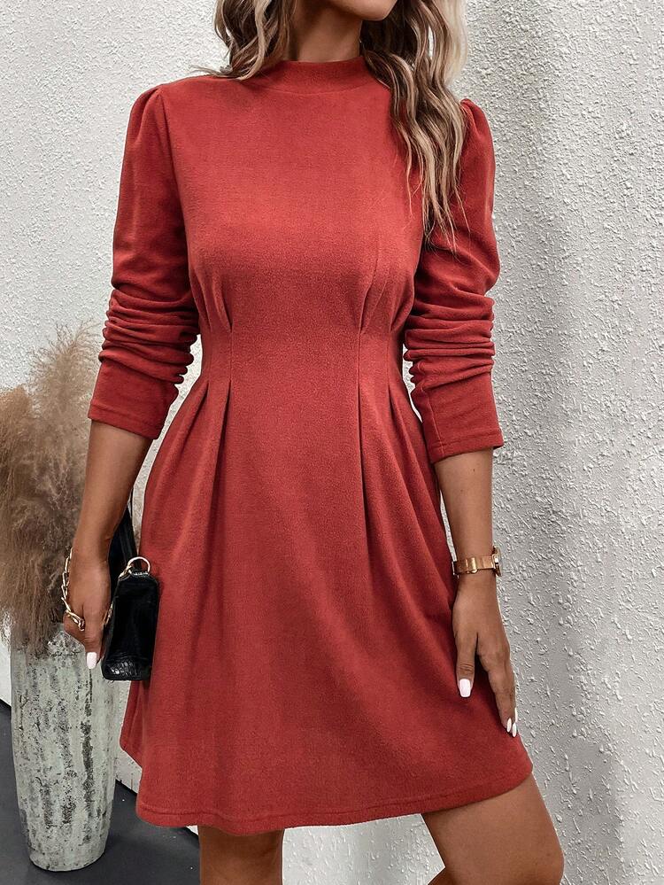 Mock Neck Fold Pleated Detail Dress