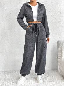 SHEIN Essnce Dây kéo Áo hoodie ngắn & Eo dây rút Quần thể thao - Xám - Xem 1