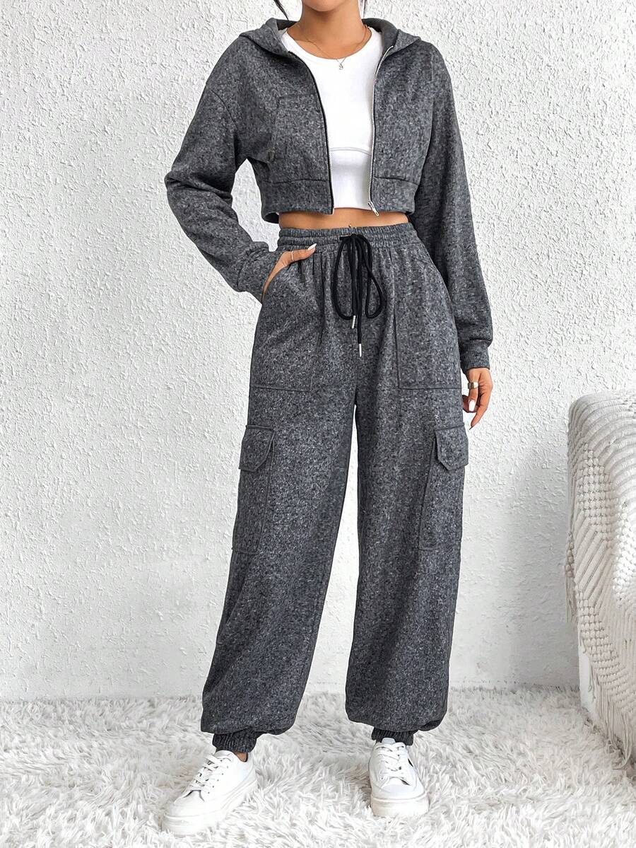 SHEIN Essnce Dây kéo Áo hoodie ngắn & Eo dây rút Quần thể thao - Xám - Xem 1