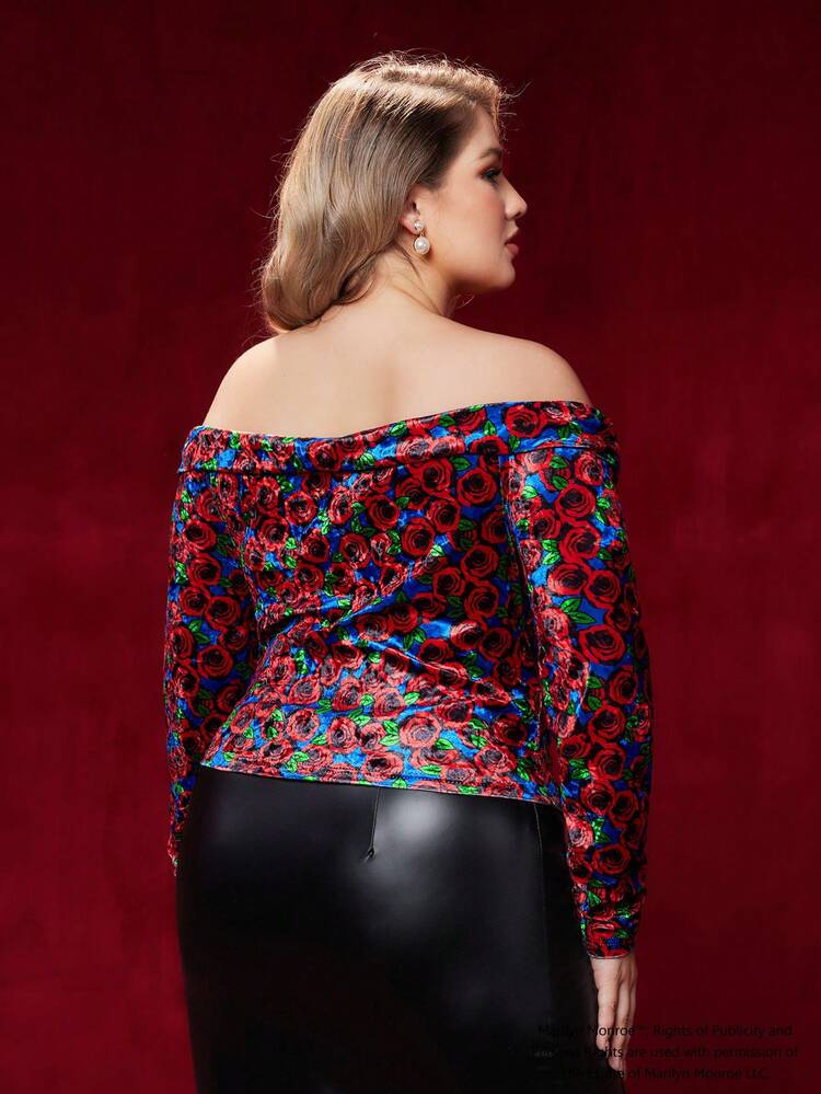 Plus Off Shoulder Cross Wrap Front Floral Print Velvet Tee