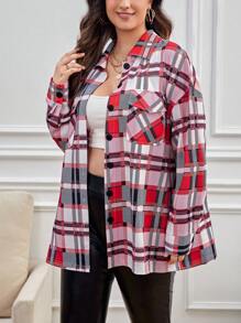 SHEIN Essnce 大碼格紋印花翻蓋口袋落肩袖襯衫 - 紅色 - 查看 4