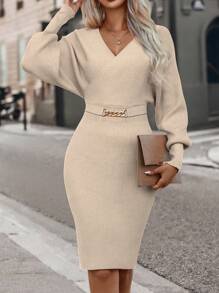 EMERY ROSE 交疊領蝙蝠袖鏈條細節鏤空露背毛衣洋裝 - 杏色 - 查看 5