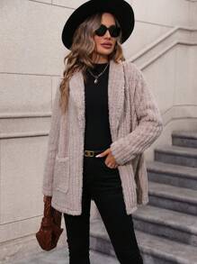 SHEIN Essnce 青果領雙口袋開門襟絨毛外套 - 杏色 - 查看 5