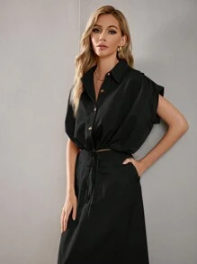 SHEIN BIZwear 女性蝙蝠袖襯衫和闊腿褲兩件套套裝 - 黑色 - 查看 5