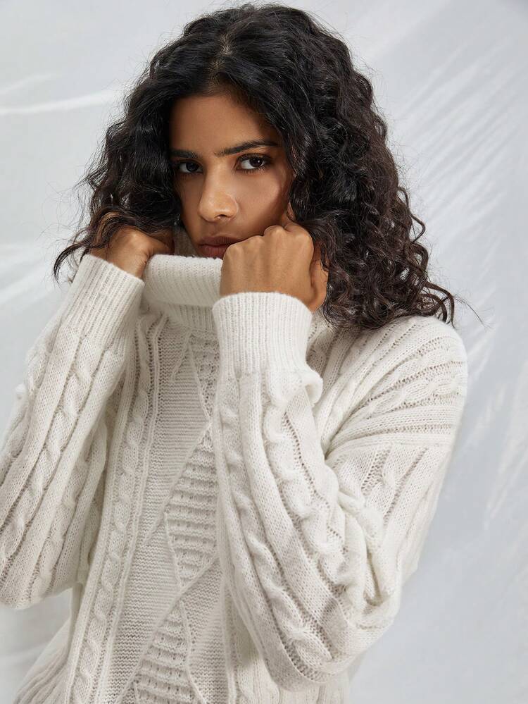 Turtleneck Cable Knit Drop Shoulder Sweater
