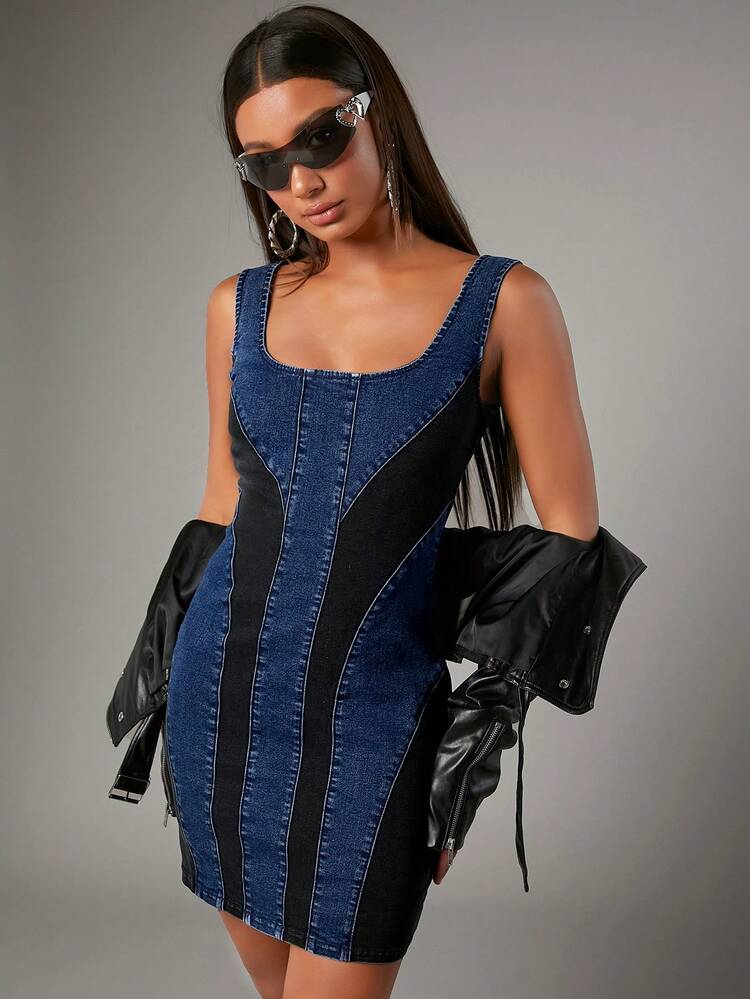 Women's Contrast Color Block Back Zip Denim Dress, Western-Style Outfit