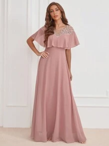 Embroidery Detail Ruffle Trim Chiffon Formal Dress, Bridesmaid Dress - Dusty Pink - View 3