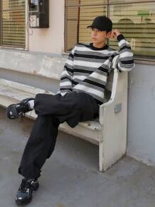 DAZY Men Striped Pattern Drop Shoulder Sweater Fall,Winter - Black and White - View 7