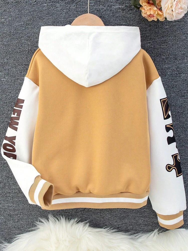 Tween Girl Letter Patched Striped Trim Drop Shoulder Varsity Jacket Without Hoodie