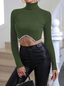 Zolique Rhinestone Fringe Hem Turtle Neck Crop Knit Pullover Fall Winter Sweater - Army Green - View 6