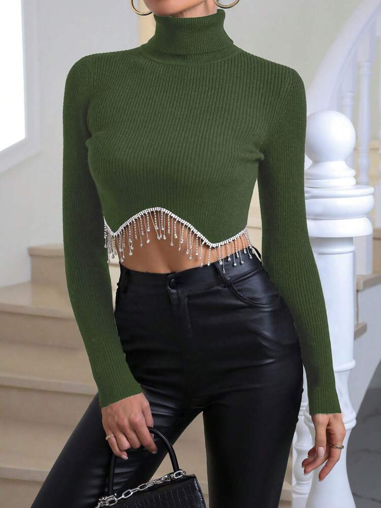 Rhinestone Fringe Hem Turtle Neck Crop Knit Pullover Fall Winter Sweater