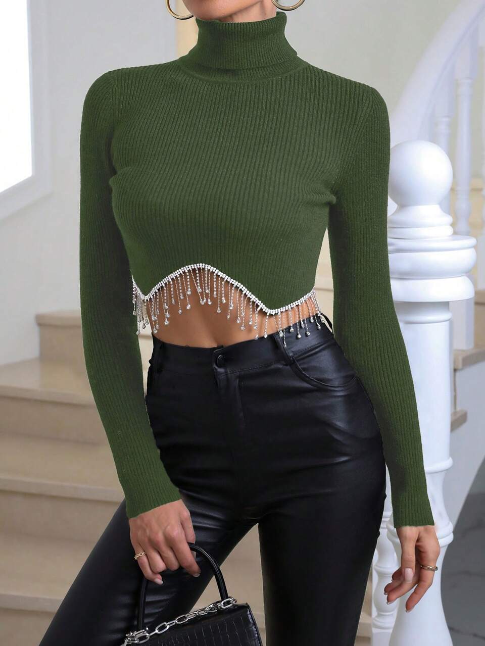 Rhinestone Fringe Hem Turtle Neck Crop Knit Pullover Fall Winter Sweater