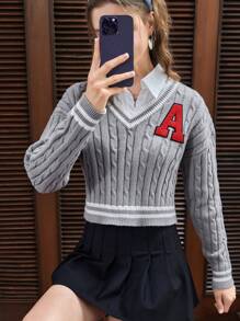 SHEIN EZwear 字母貼布條紋飾邊落肩袖麻花編織板球毛衣不帶襯衫 - 灰色 - 查看 1