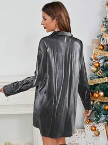 SHEIN Essnce 純色單排扣襯衫連身裙 - 深灰色 - 查看 4