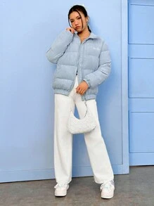 Muchica Áo khoác độn thêu chữ có khóa kéo - Màu xanh bụi bặm - Xem 5