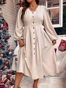 Calvaya Plus Lantern Sleeve Button Front Dress
