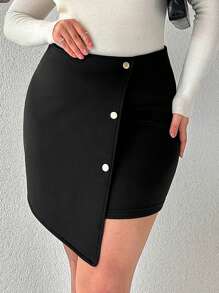 RueChic Plus Button Front Asymmetrical Hem Bodycon Skirt - Black - View 2