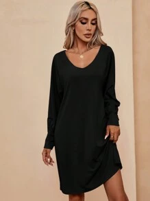 SHEIN LUNE Chất rắn Cổ v Váy áo thun - màu đen - Xem 5