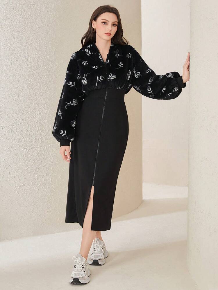 Women's Floral Printed Front Zipper Split Hem Dress