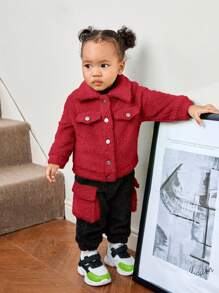 SHEIN Baby Girl Flap Pocket Teddy Coat & Pants Without Tee - Red - View 4