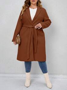 Franclia Plus Lapel Neck Belted Overcoat - Coffee Brown - View 4