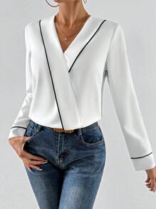 SHEIN Privé Blusa cruzada unido en contraste de cuello cruzado - Blanco - Ver 5