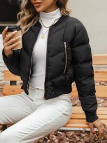 Chiquease Áo khoác đệm ngắn có khóa kéo cho mùa đông - màu đen - Xem 3