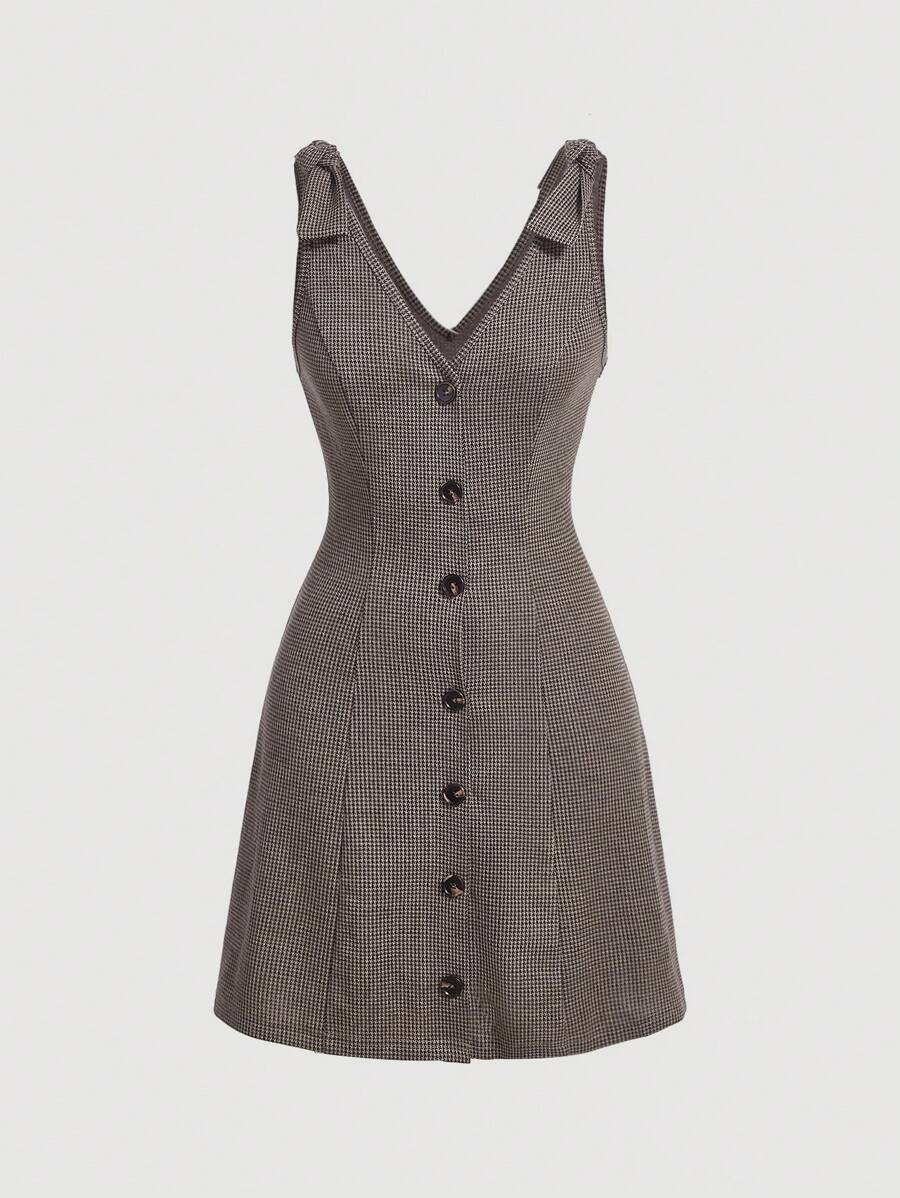 SHEIN MOD In Houndstooth Nút phía trước Đầm Tổng thể Without Tee - màu nâu - Xem 1