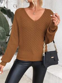 SHEIN LUNE Chèn ren Guipure Cắt bỏ trở lại Tay Raglan Áo len - màu nâu - Xem 6