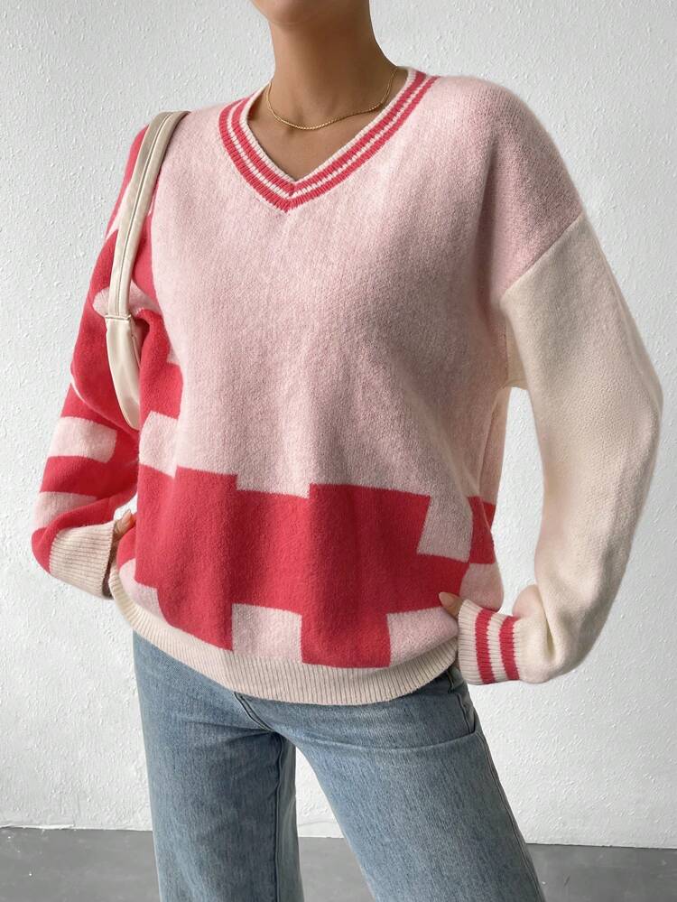 Geo Pattern Colorblock Drop Shoulder Striped Trim Knit Pullover Fall Winter Sweater